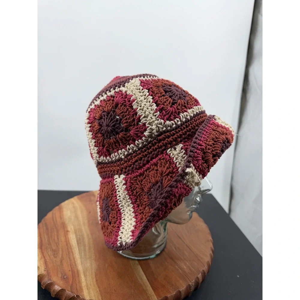 Lucky Brand Granny Square Crochet Bucket Hat Women One Size Burgundy Multi Boho